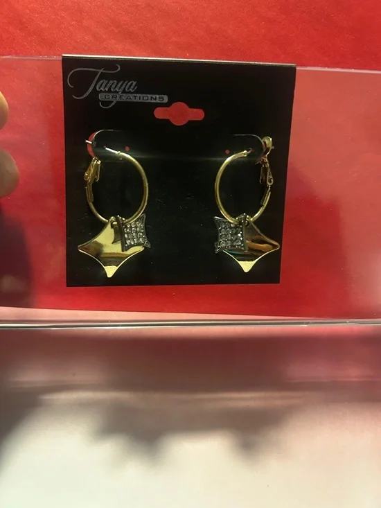 Gold Star Drop Hoop Earrings - Picture 2 of 2